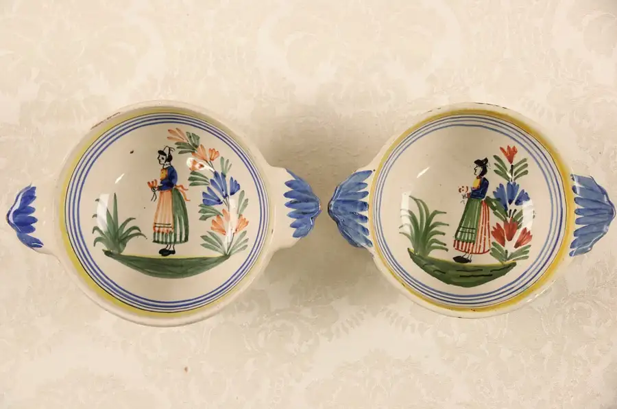Main image of Henriot Quimper Signed Pair of Porridge Bowls with Handles, Hand Painted France