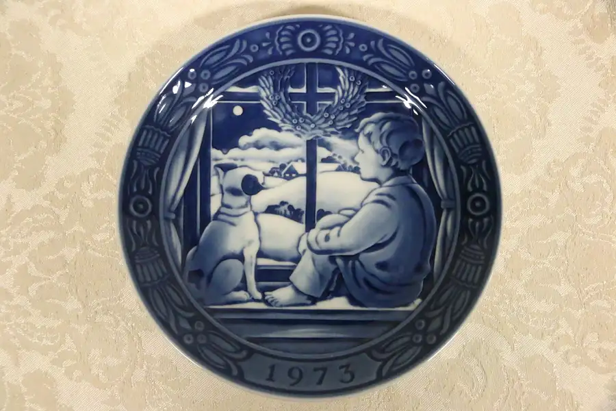 Main image of 1973 Blue Ceramic Christmas Plate, Boy & Dog in Window, George Jensen-Denmark