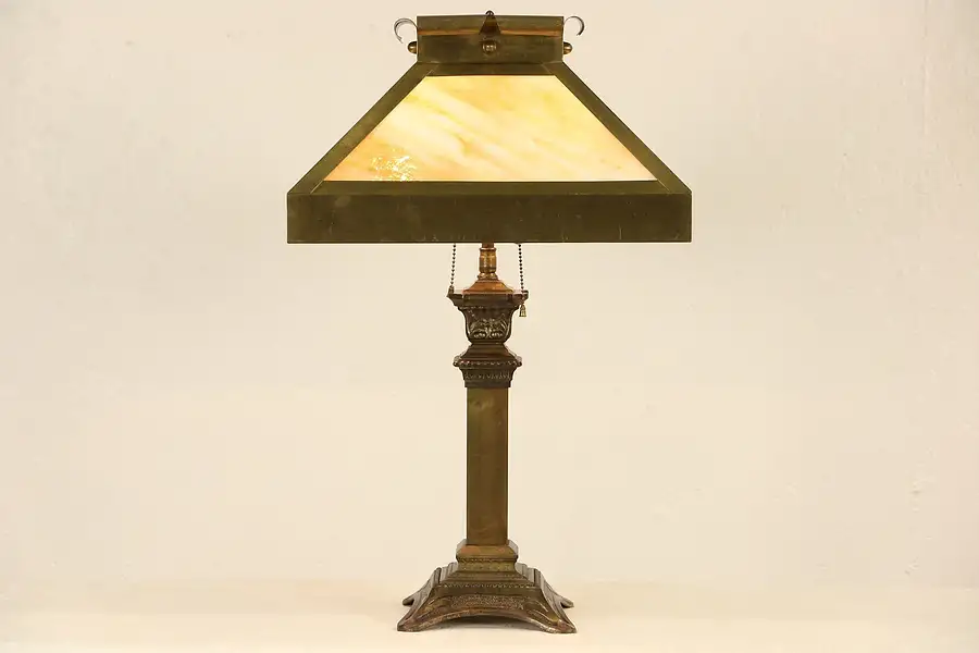 Main image of Arts & Crafts Mission 1910 Antique Lamp, Brass & Stained Glass Shade