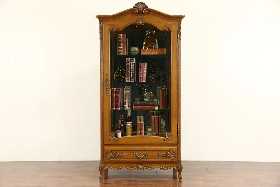 Main image of Country French Carved Oak 1940's China or Curio Cabinet, Beveled Glass