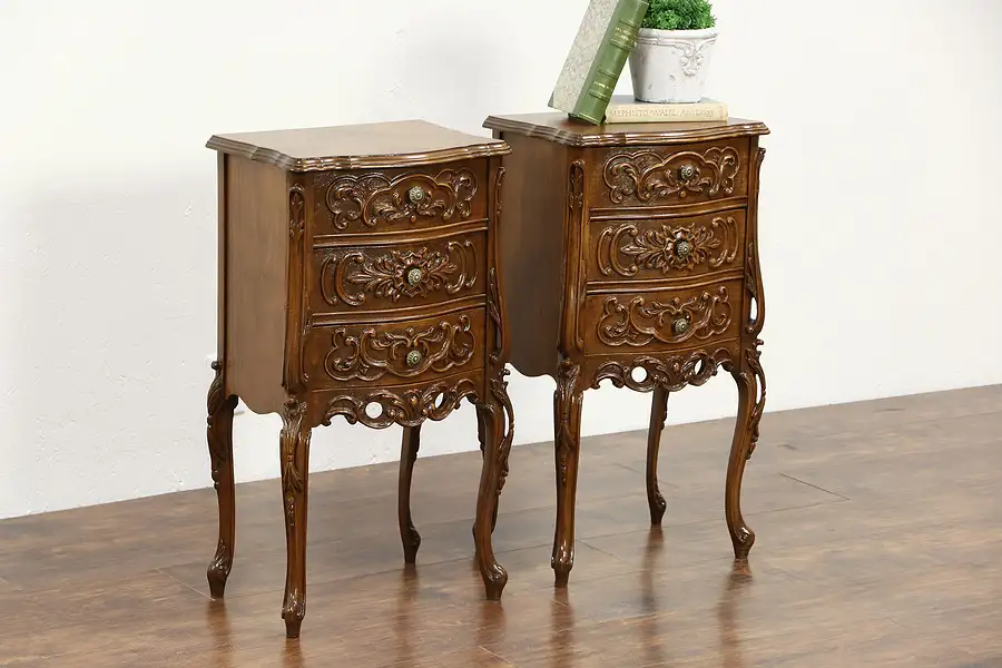 Main image of Pair of French Style Carved Walnut Vintage Nightstands