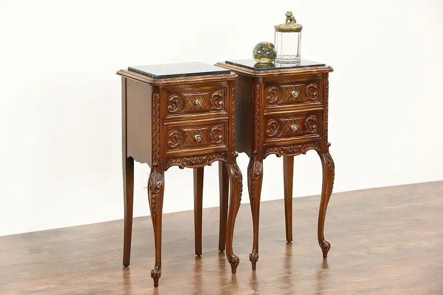 Main image of Pair of 1930's Vintage Carved Walnut Nightstands, Marble Tops