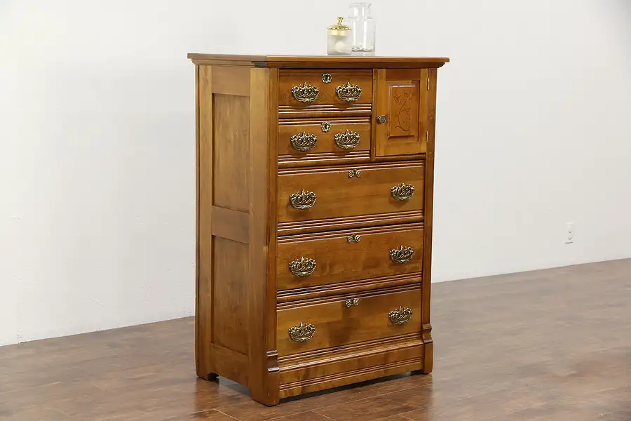 Main image of Victorian Eastlake 1885 Antique Tall Chest, Carved Door