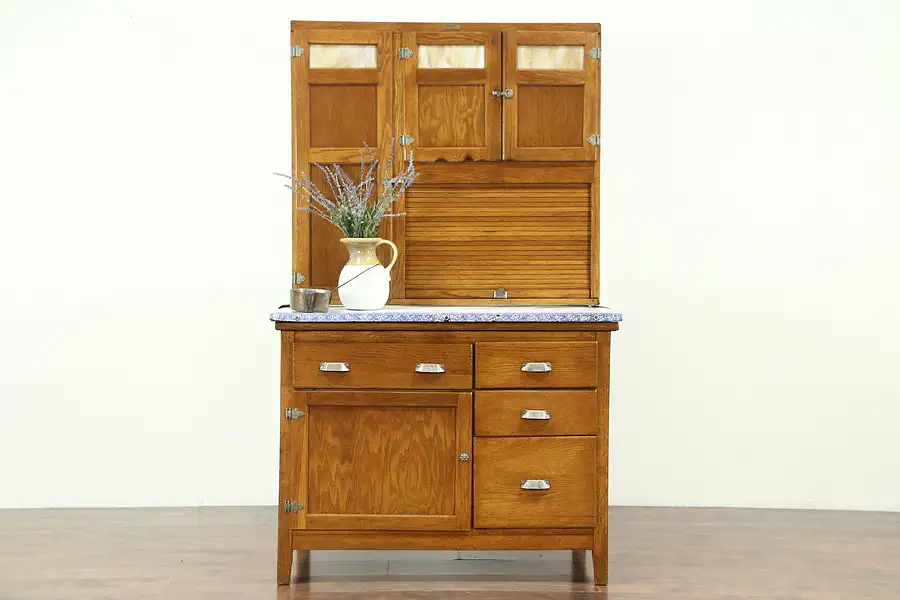 Main image of Oak Hoosier Antique Kitchen Pantry Cupboard, Stained Glass, Sifter, Roll, Wilson