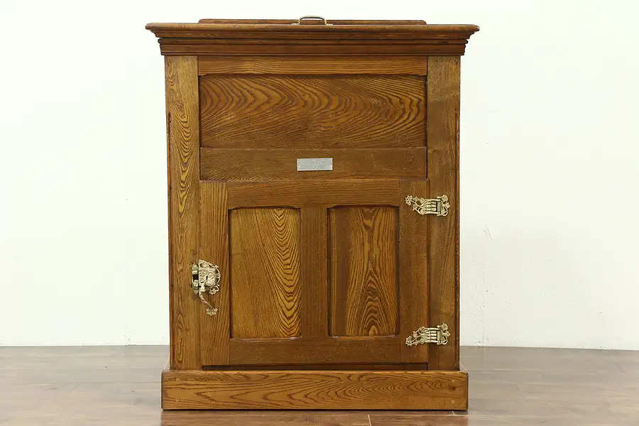 Main image of Oak 1895 Antique Kitchen Pantry Ice Box Refrigerator, Signed Monitor