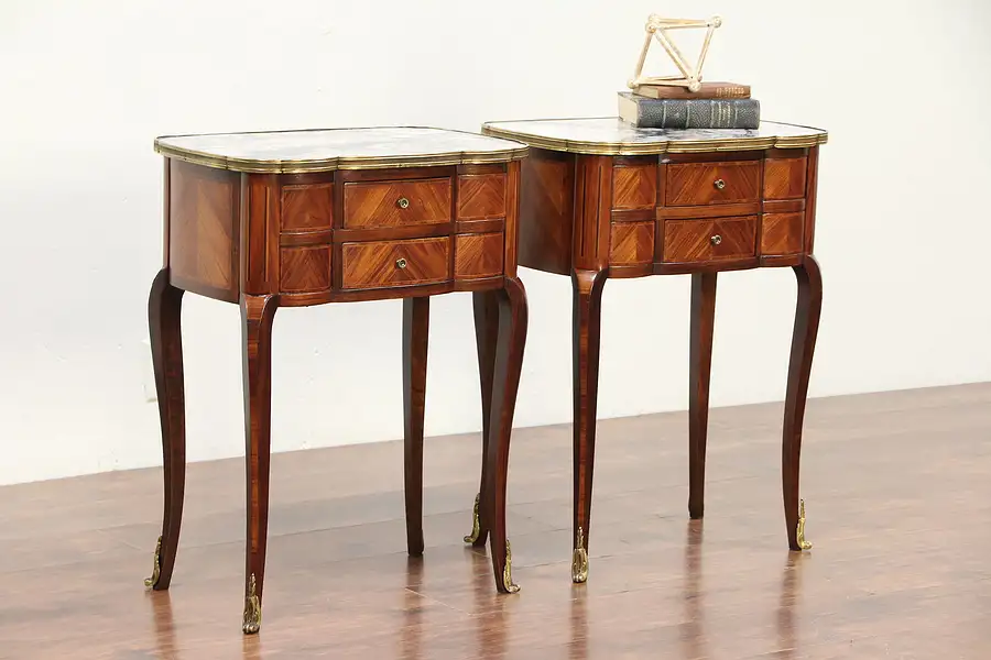 Main image of Pair of French Antique End Tables or Nightstands, Marble Tops