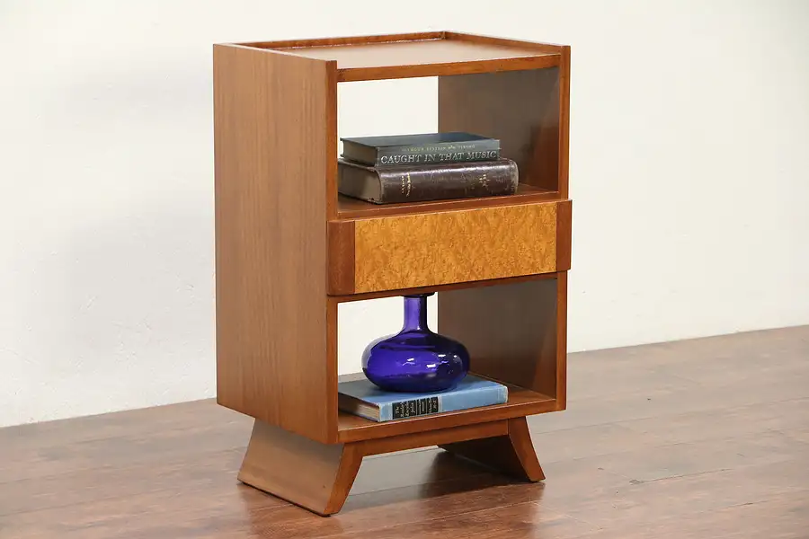 Main image of Midcentury Modern Nightstand 1960 Vintage Curly Maple & Mahogany RWay