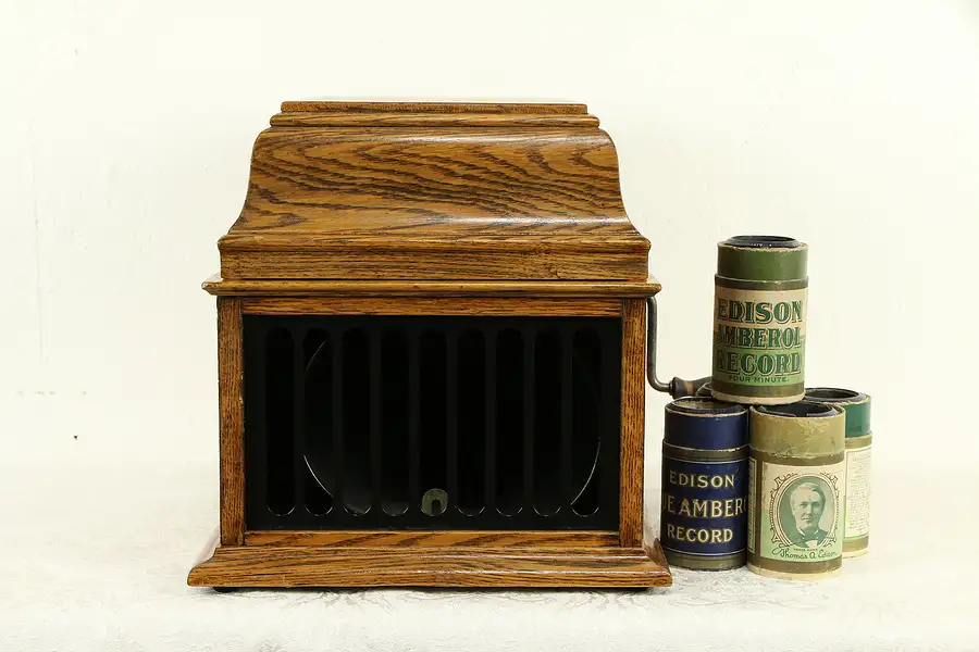 Main image of Oak Edison Antique Tabletop Phonograph, Amberola 30, Records