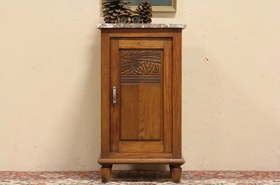 Main image of Oak Arts & Crafts Nightstand or Bedside Table, Marble Top
