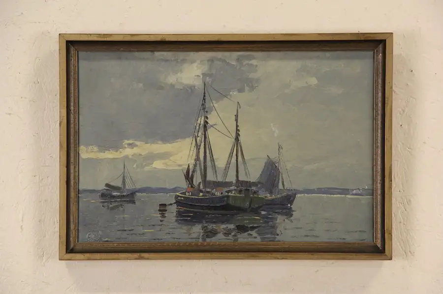 Main image of Fishing Boats in Scandinavia, Early 1900's Original Oil Painting