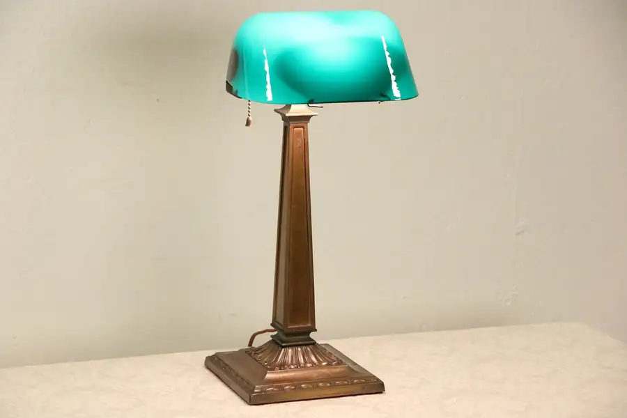 Main image of Emeralite Emerald Green 1916 Pat. Antique Brass Banker Desk or Piano Lamp