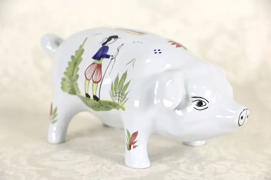 Main image of Quimper Piggy Bank, Hand Painted, Signed Brittany, France