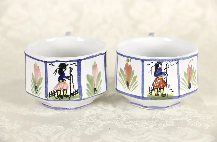 Main image of Quimper Set of 2 Coffee Cups, Hand Painted Brittany, France