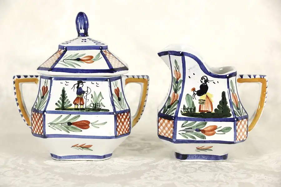 Main image of Quimper Creamer & Sugar Set, Hand Painted Signed, Brittany, France