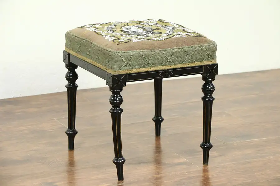 Main image of Victorian Antique Ebonized Cherry Stool or Bench, Original Glass Beadwork