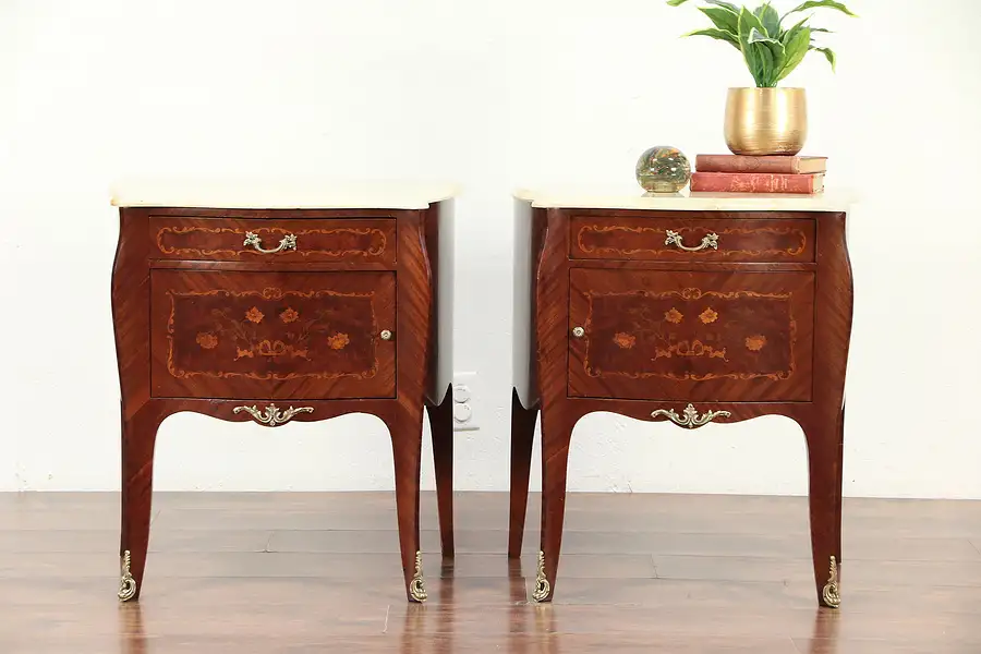 Main image of Pair Italian Marquetry Small Chests, Nightstands, End Tables, Onyx Tops