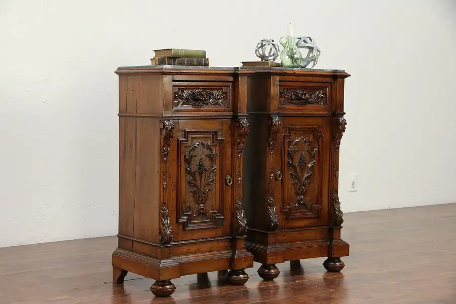Main image of Pair Italian Antique Walnut Marble Top Nightstands, Carved Lion Heads