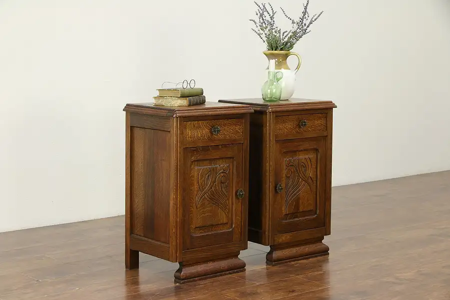Main image of Pair of Antique 1925 French Art Deco Carved Oak Nightstands