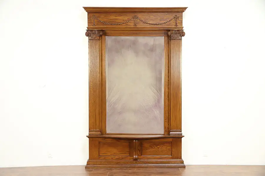 Main image of Classical Carved Oak Antique 1900 Beveled Hall or Pier Mirror