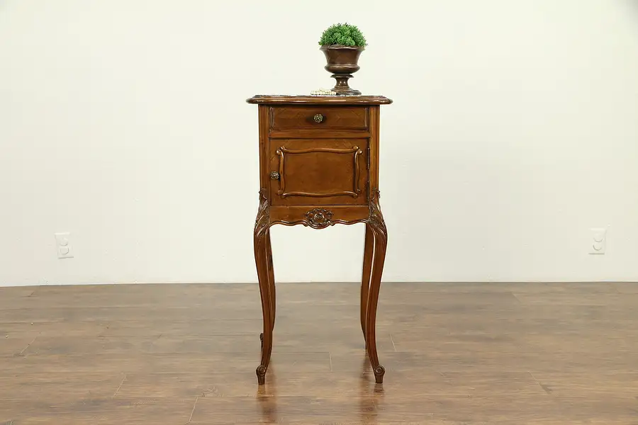 Main image of French Antique Hand Carved Walnut Nightstand, Marble Top