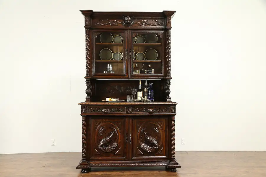 Main image of Black Forest Antique Oak China Cabinet or Bookcase, Carved Lions & Birds