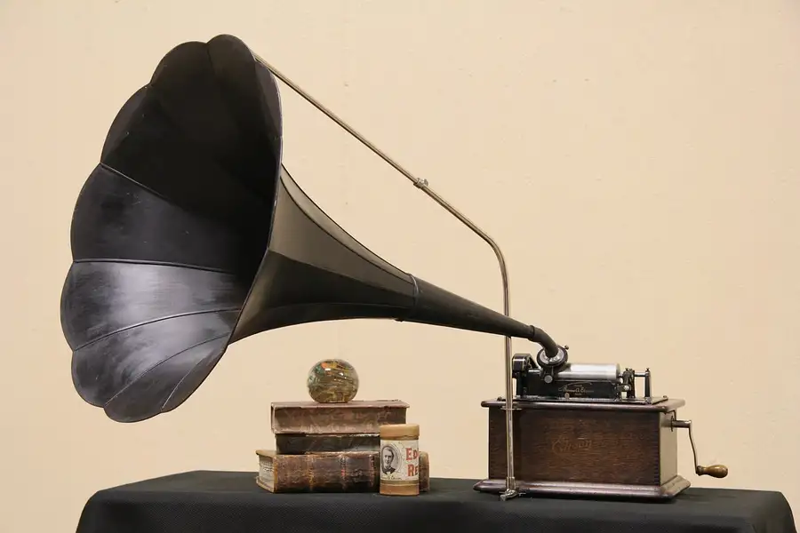 Main image of Edison Antique 1915 Oak Cylinder Record Player, Black Morning Glory Horn