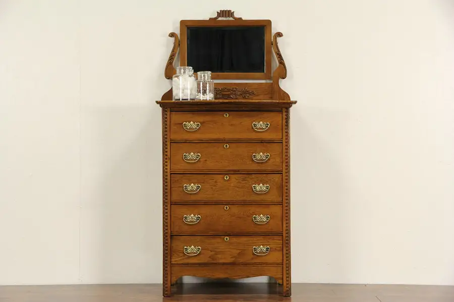 Main image of Oak 1900 Antique High Boy or Tall Chest, Beveled Mirror