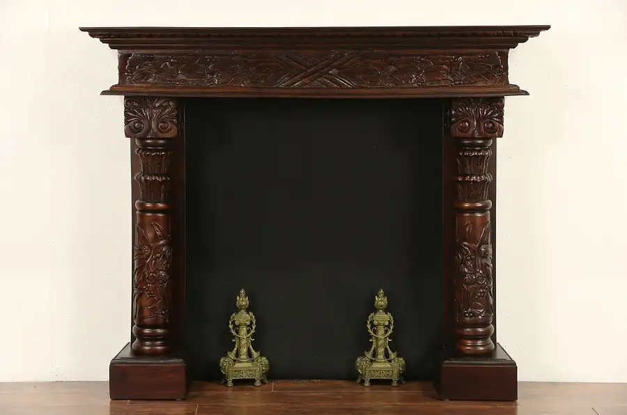 Main image of Mahogany Vintage Fireplace Mantel, Hand Carved Columns