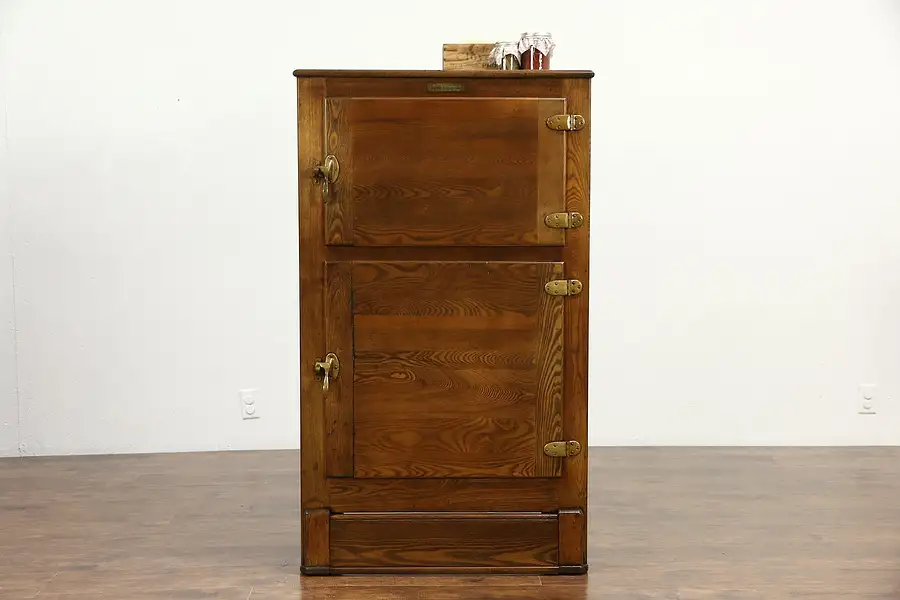 Main image of Oak 1910 Antique Kitchen Pantry Ice Box, Signed Rhinelander Refrigerator, WI