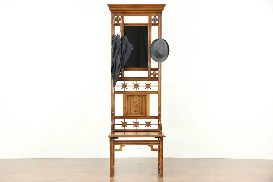 Main image of Victorian Eastlake Antique 1885 Hall Stand & Bench, Mirror & Hooks