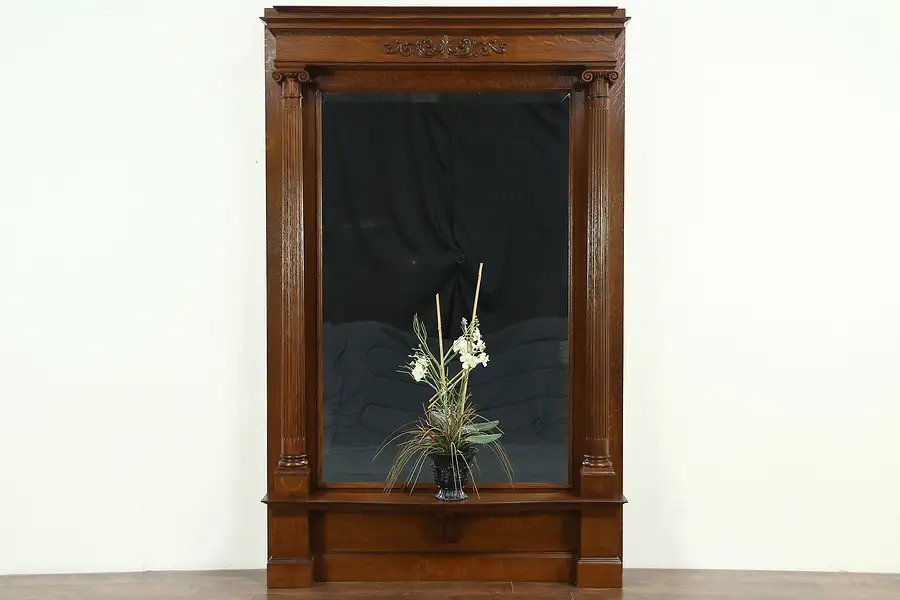 Main image of Oak Carved Antique Hall Pier Mirror, Fluted Classical Columns, Beveled Glass