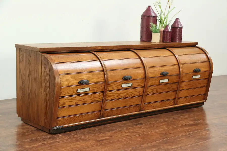 Main image of Roll Top Antique 1890 Oak Grain or Hall Boot Bin, 4 Compartment