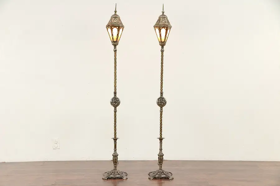 Main image of Pair Iron, Brass & Copper Antique Stained Glass Floor Lamps or Lanterns