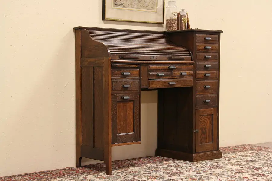 Main image of Roll Top Oak 1900 Antique Physician or Pharmacist Desk