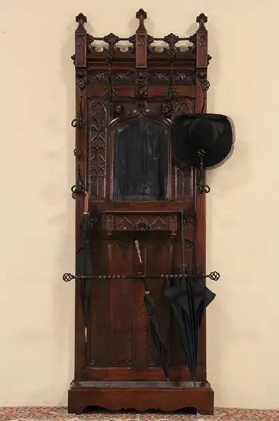 Main image of French Gothic Carved 1890 Antique Hall Stand & Mirror
