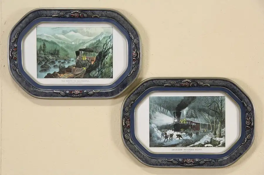 Main image of Pair 1910 Antique Convex Portrait Frames, Railroad Prints