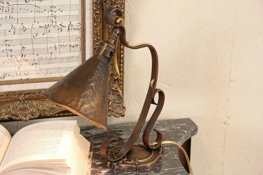Main image of Hammered Copper 1910 Antique Craftsman Swivel Desk Lamp