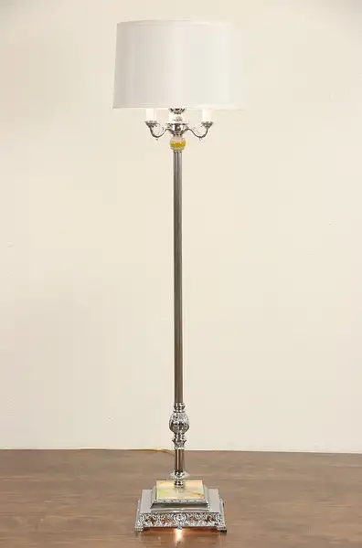 Main image of Art Deco 1940 Vintage Chrome Floor Lamp, Lighted Slag Glass Base