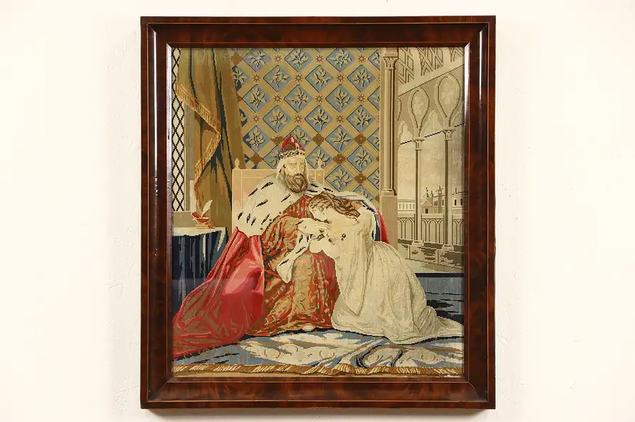 Main image of Victorian 1880's Antique Needlepoint & Petit Point Tapestry of King & Daughter