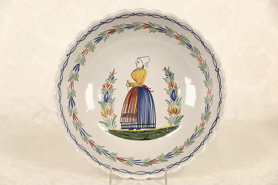 Main image of Quimper Hand Painted Serving Bowl, Brittany France Signed