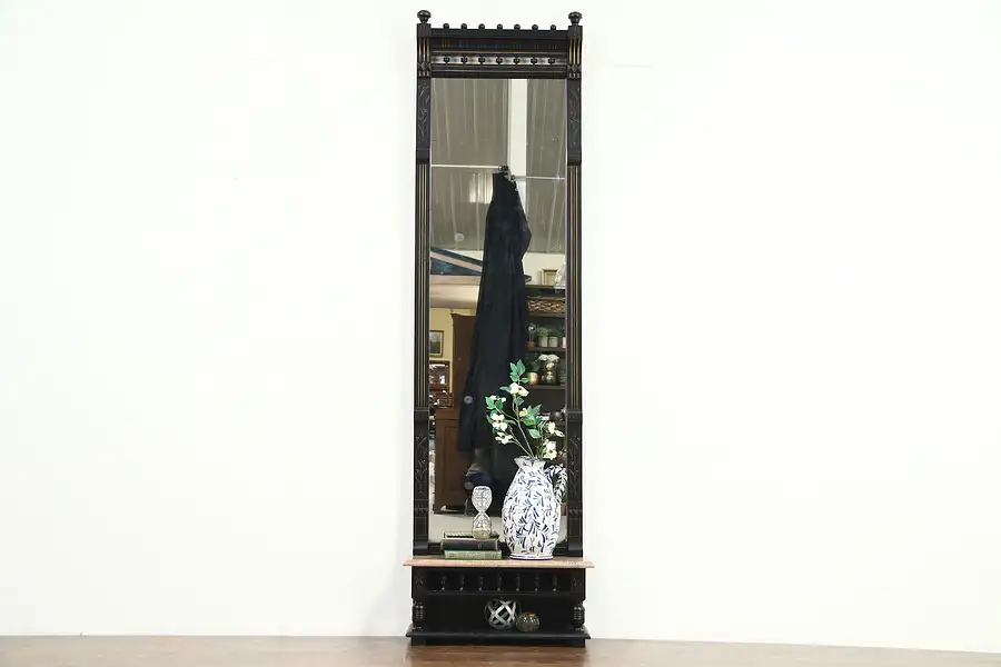 Main image of Eastlake Antique Hall Pier Mirror, Ebonized Cherry, Marble Shelf