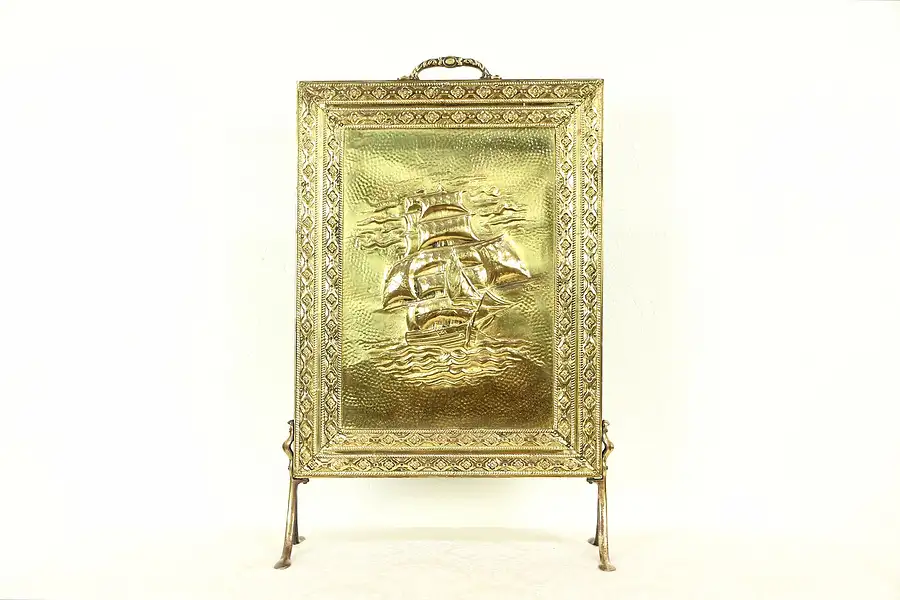 Main image of Clipper Ship Hammered Brass Antique Fireplace Hearth Screen