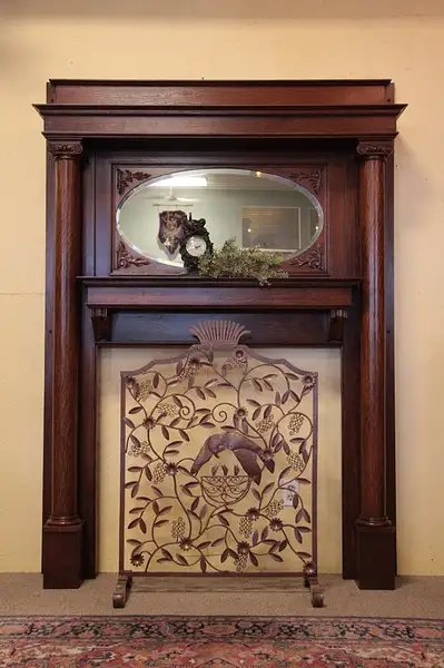 Main image of Antique Victorian Oak Fireplace Mantel, Oval Mirror