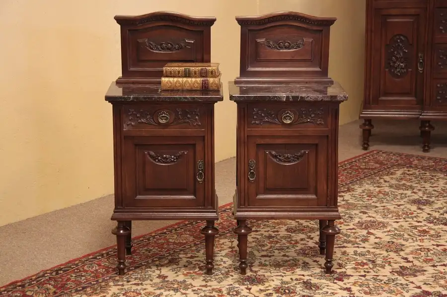 Main image of Pair Carved Marble Top Bedside Tables or Nightstands