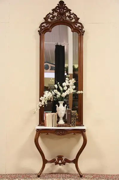 Main image of English Victorian Hall or Pier Mirror & Marble Console Table Set