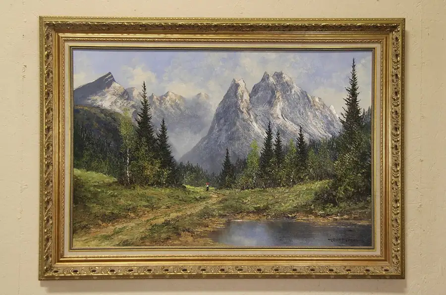 Main image of Alpine Mountain Scene Signed Kurt Moser 1970's Original Oil Painting