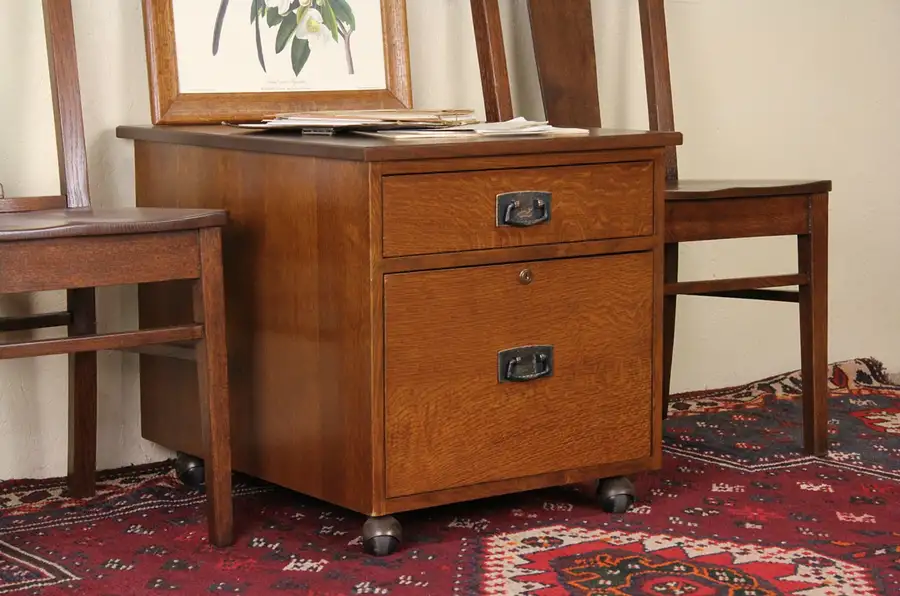 Main image of Stickley Signed Vintage Oak 2 Drawer Rolling File Cabinet