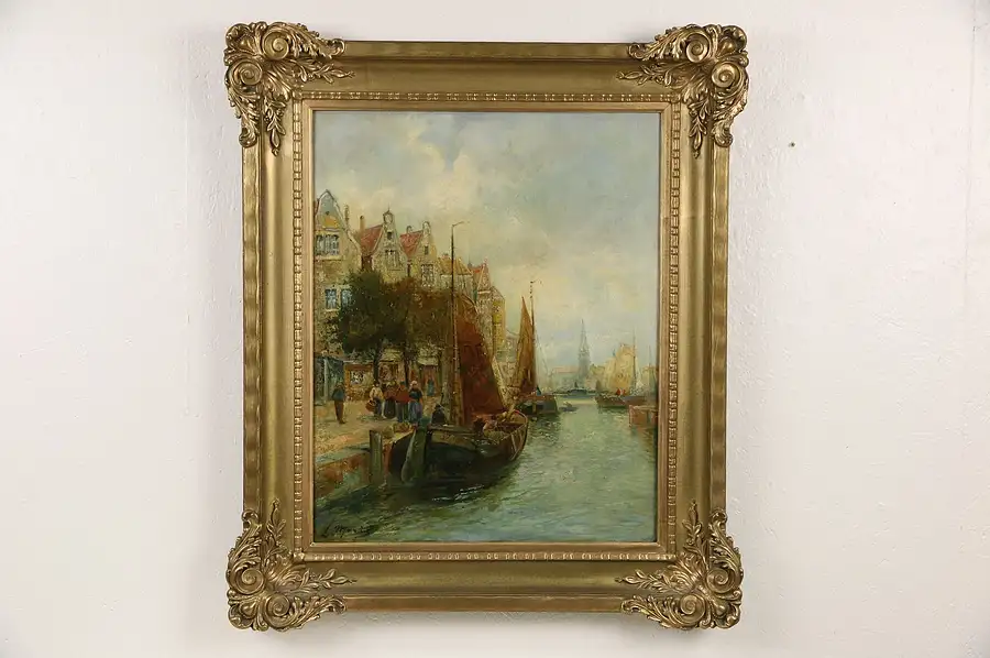Main image of Harbor Scene & Sailing Ships late 1800's Original Oil Painting, Signed