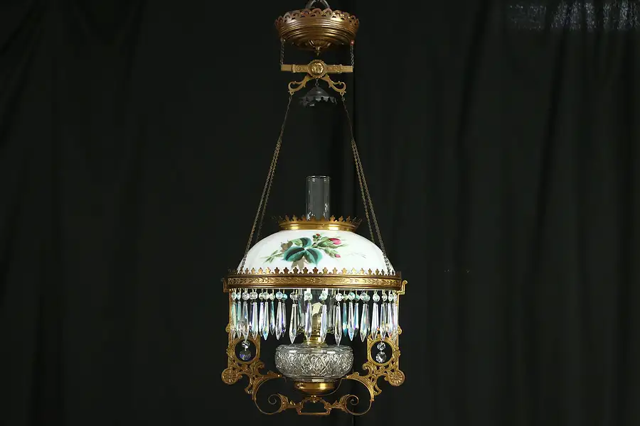 Main image of Victorian Antique Hanging Oil or Kerosene Lamp, Hand Painted Rose Glass Shade