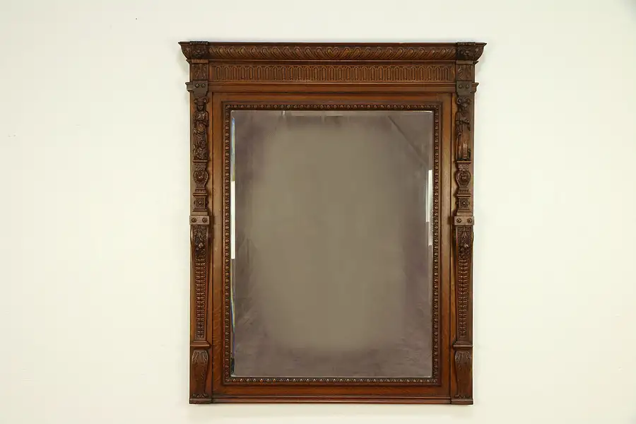 Main image of Oak Beveled Antique Belgian Mirror, Carved Lions & Reading Sculptures
